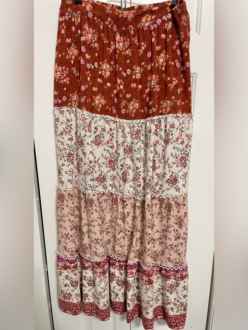 Altar'd State Rust, Cream & Blush Floral Tiered Maxi Skirt
